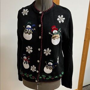 Festive Black Snowman Cardigan Sweater